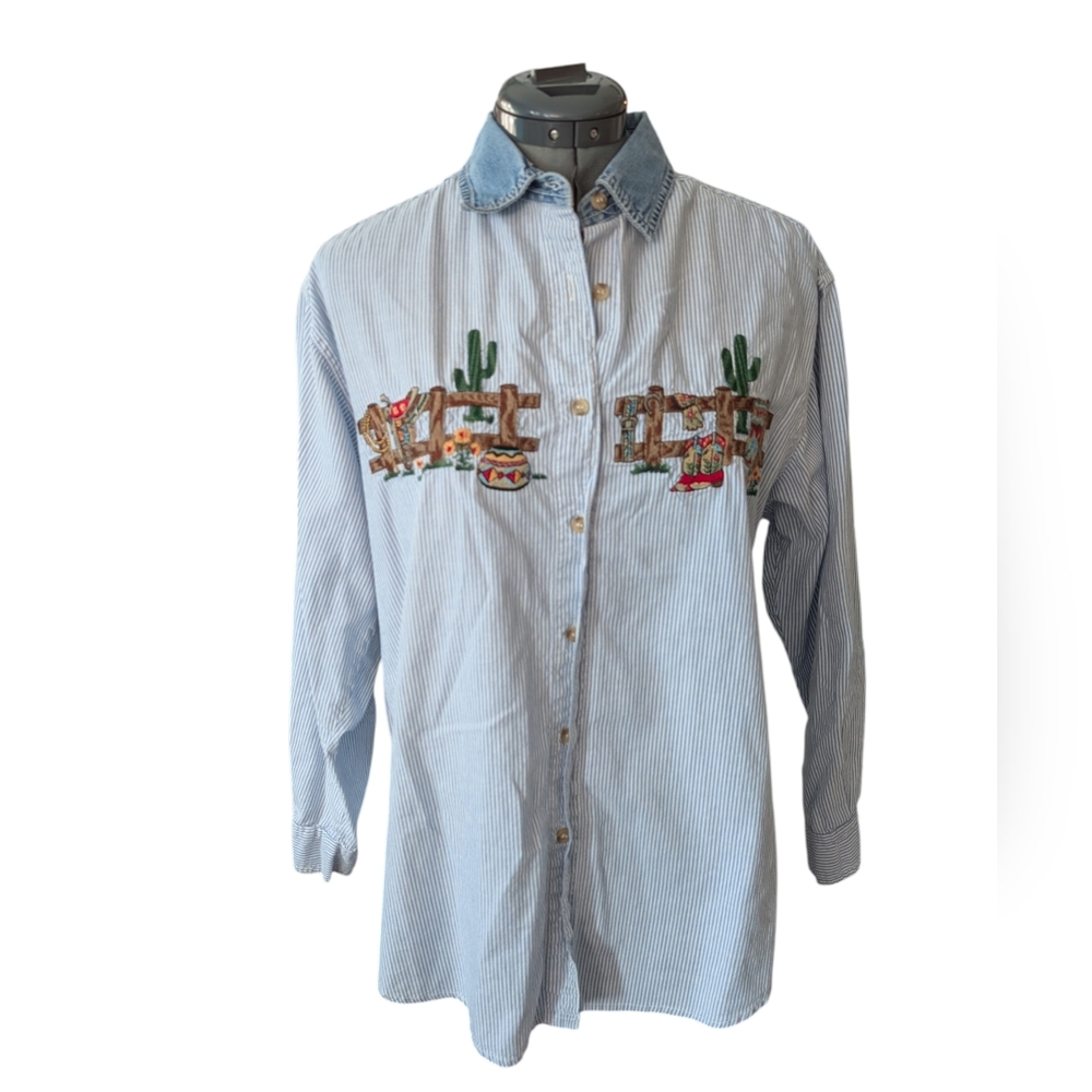 Vintage southwestern cowgirl Womens Embroidered Blue Button Down Shirt Size L
